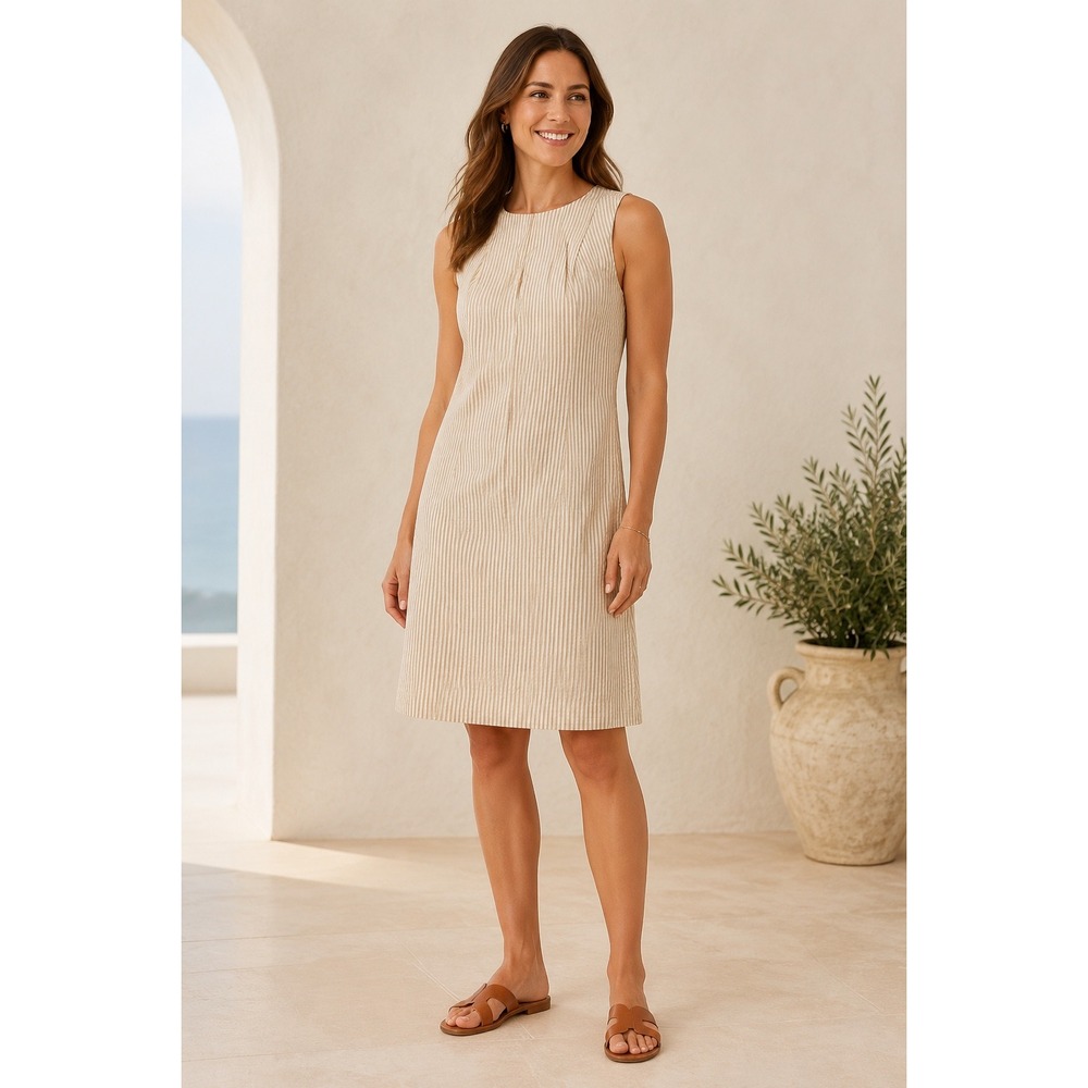 Brooks Brothers Dress 12 Beige White Seersucker Cotton A-Line Coastal Preppy